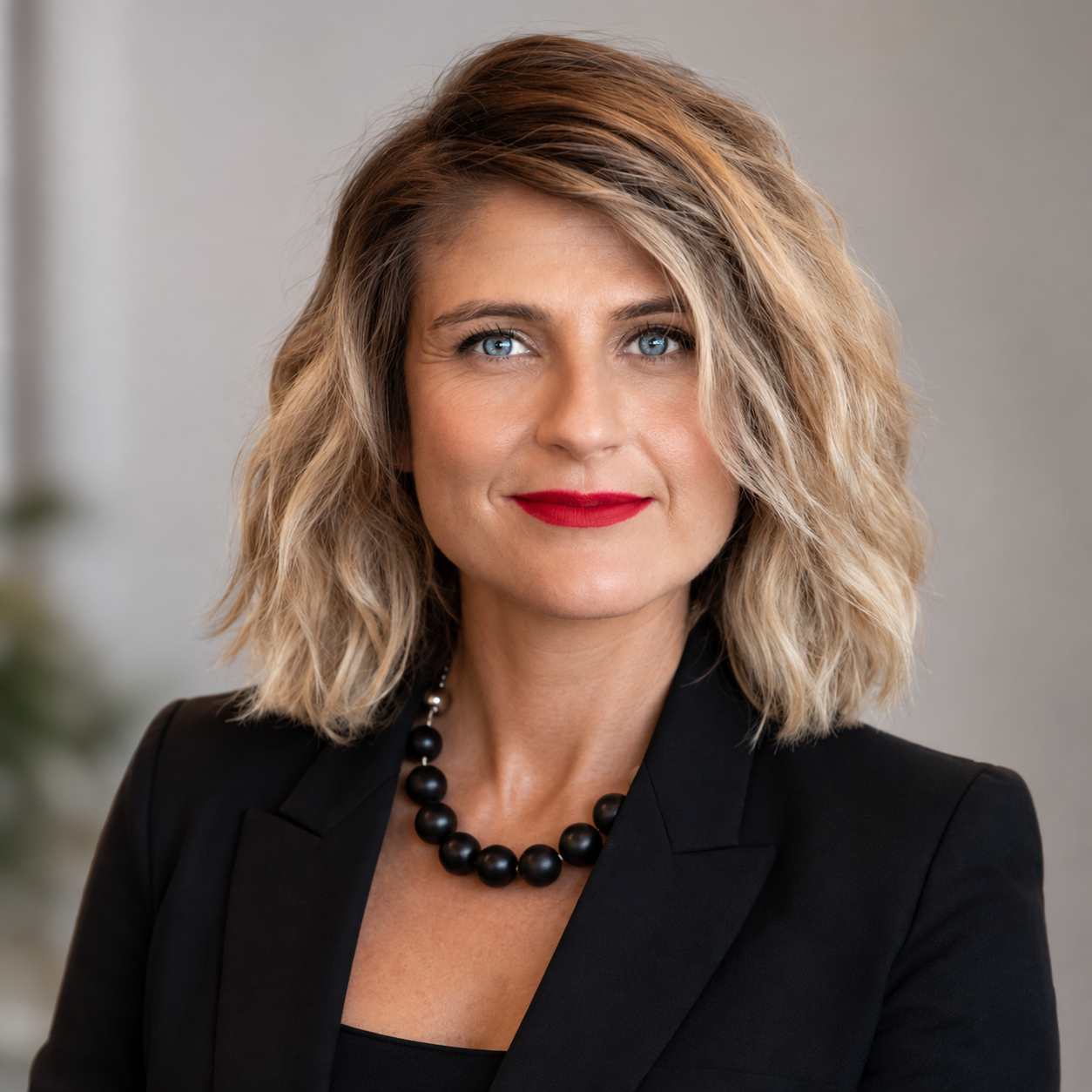 Anna Mazarsky, fundraising strategist, in a black blazer against a light studio wall.