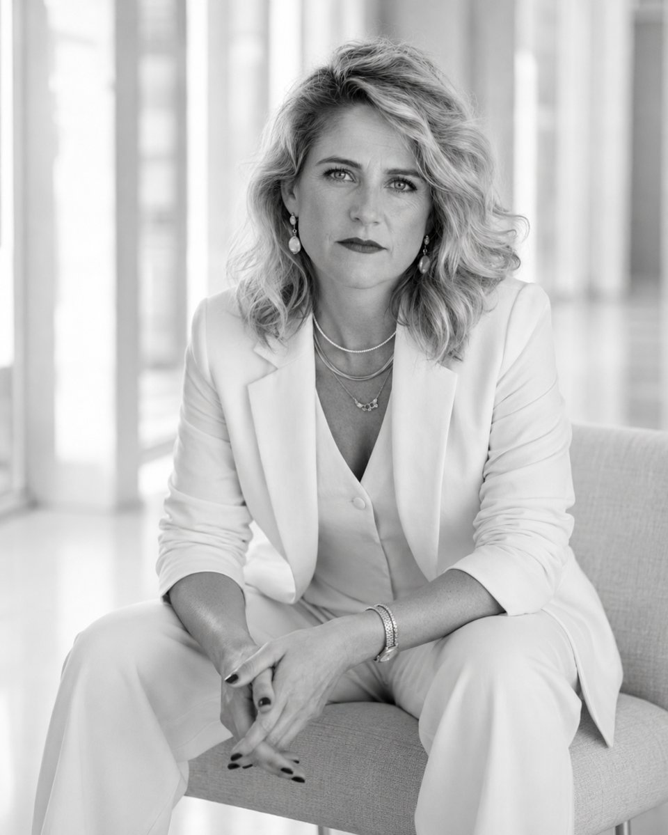 Anna Mazarsky in a white suit, seated, black and white portrait.